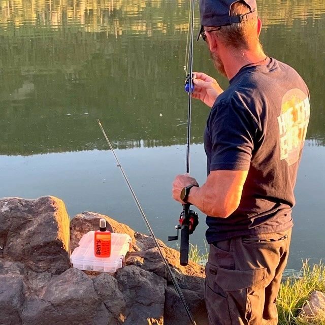 Field testing Ben's insect repellent while fishing a desert lake