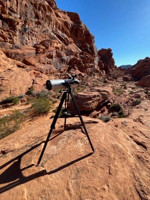 Celestron StarSense Explorer DX set up on red rock in the Valley of Fire